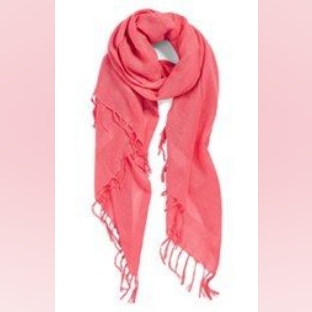 Halogen - Lightweight Linen-Blend Gauzy Fringe Scarf Wrap 28" x 80" | Coral Pink